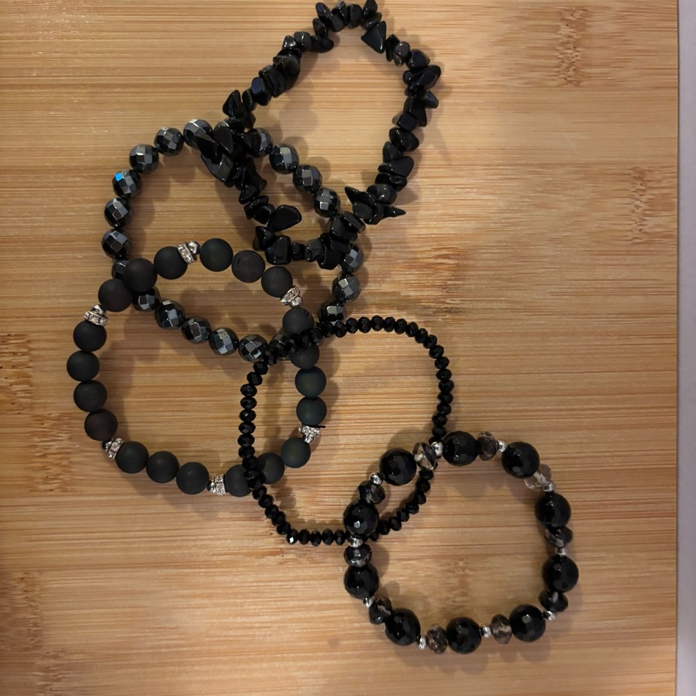 Handmade Black Onyx Hematite Agate Chip Bracelet Stack Set of 5 NWT